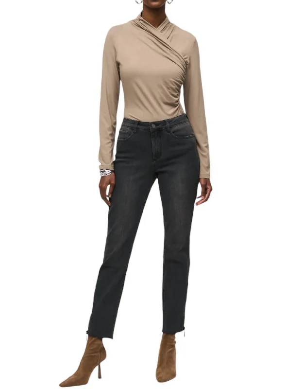 Elegant Clothing For Women Rhinestones And Mesh Detail Jean In Charcoal Grey