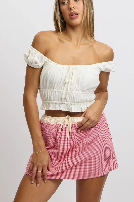 Women's Luxury Garments Red Check Mini Skirt Elasticated Waist Satin Contrast