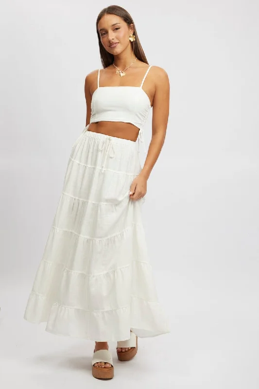 Women's Trendy Outfits White Maxi Skirt Tiered High Rise