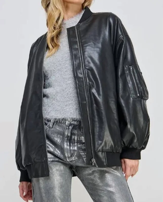 Best Clearance Sales Right Now Zip Up Pockets Pu Faux Leather Bomber Jacket In Black