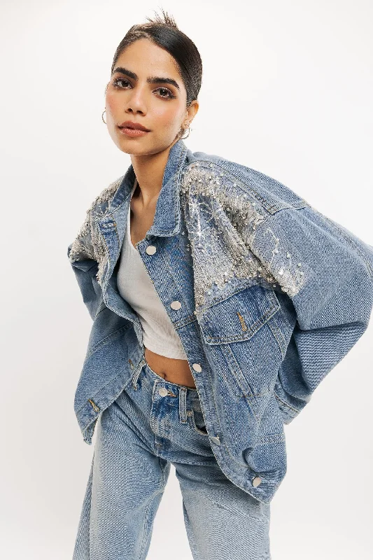 Women's Athleisure Apparel 70's Lace Top Denim Jacket