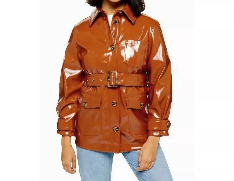Women's Comfortable Lounge Outfit High Gloss Patent Belted Coat In Brown