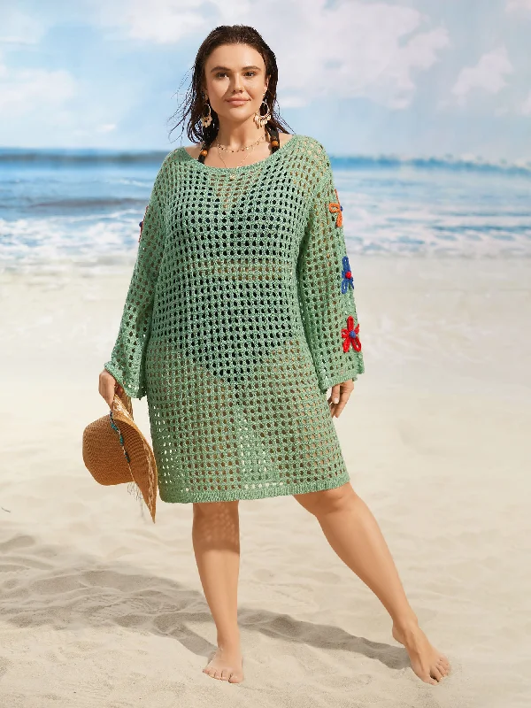 Timeless Women's Garments Boat Neck Crochet Floral Cut Out Swim Cover Up