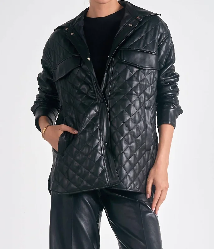 Women's Holiday Clothes Quilted Faux Leather Jacket In Black