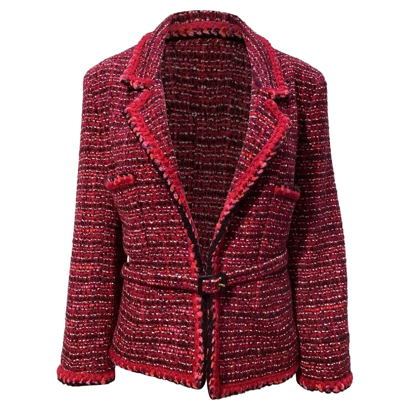 Online Boutique Clothing Chanel Textured Belted Jacket in Red Wool