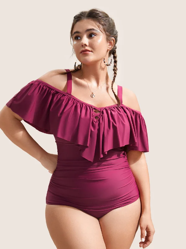 Fashion-Forward Women's Clothing Plain Ruffle Crisscross Neck Tummy Control One Piece Swimsuit