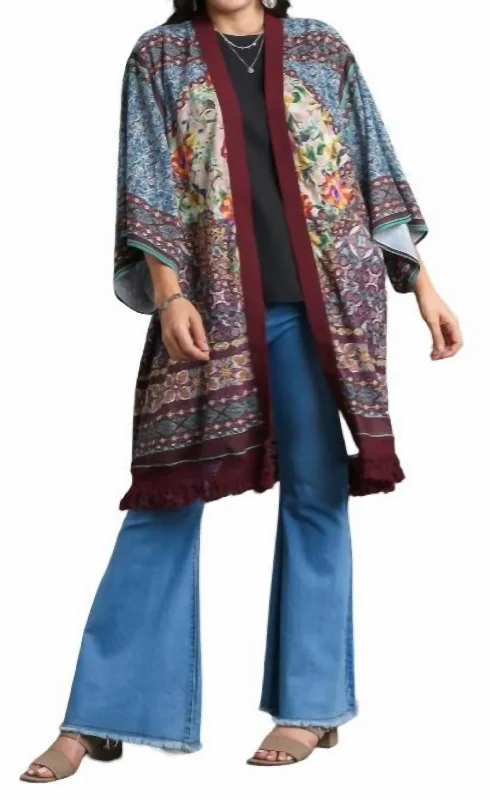 Trendy Athleisure Clothing For Women Open Front Print Kimono In Maroon Mix Plus