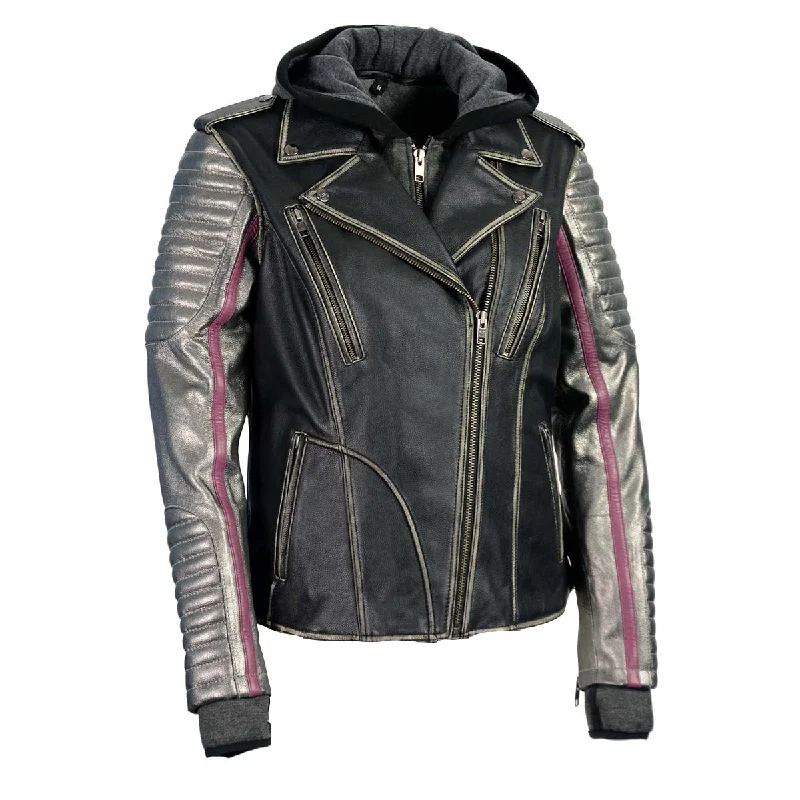 Women's Stylish Professional Apparel Milwaukee Leather MLL2515 Women's Black 'Hooded' Leather Rub-Off Jacket with Silver Sleeves Women's Stylish Professional Apparel Milwaukee Leather MLL2515 Women's Black 'Hooded' Leather Rub-Off Jacket with Silver Sleeves