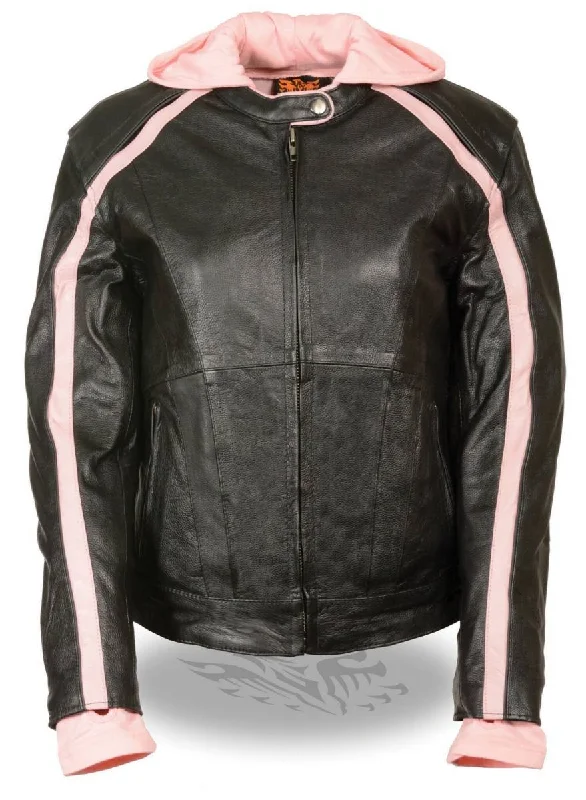 Women's Clothing For Outdoor Activities Milwaukee Leather SH1951 Women's Black and Pink Striped Leather Jacket with Zip-Out Hoodie Women's Clothing For Outdoor Activities Milwaukee Leather SH1951 Women's Black and Pink Striped Leather Jacket with Zip-Out Hoodie