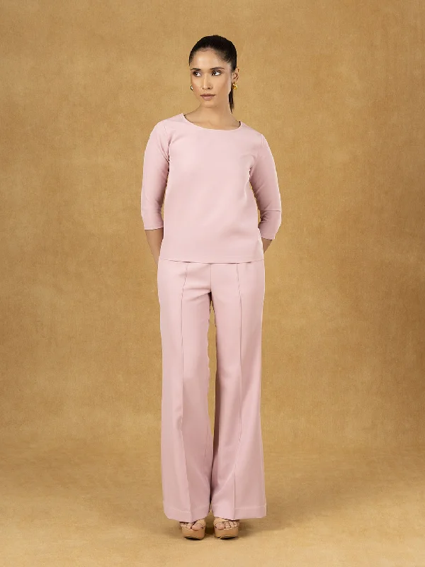 Casual Attire For Women Pink Solid Boxy Top with Pullover Wide Leg Trousers