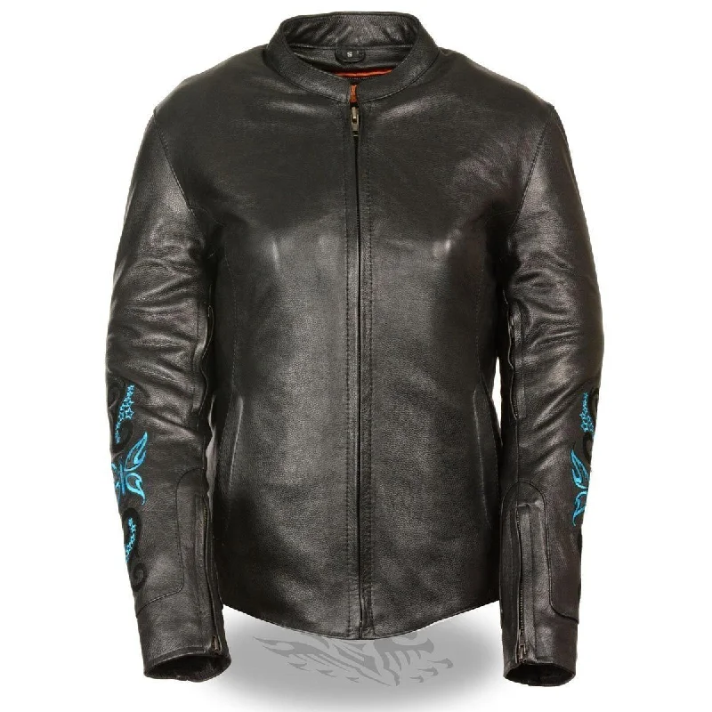 Women's Comfortable Lounge Outfit Milwaukee Leather ML2071 Women's Black Leather Jacket with Turquoise Butterfly Design Women's Comfortable Lounge Outfit Milwaukee Leather ML2071 Women's Black Leather Jacket with Turquoise Butterfly Design