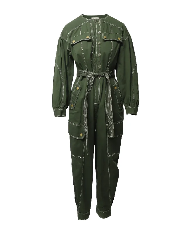 Timeless Women's Outfit Ulla Johnson Leo Contrast Stitching Jumpsuit in Green Cotton