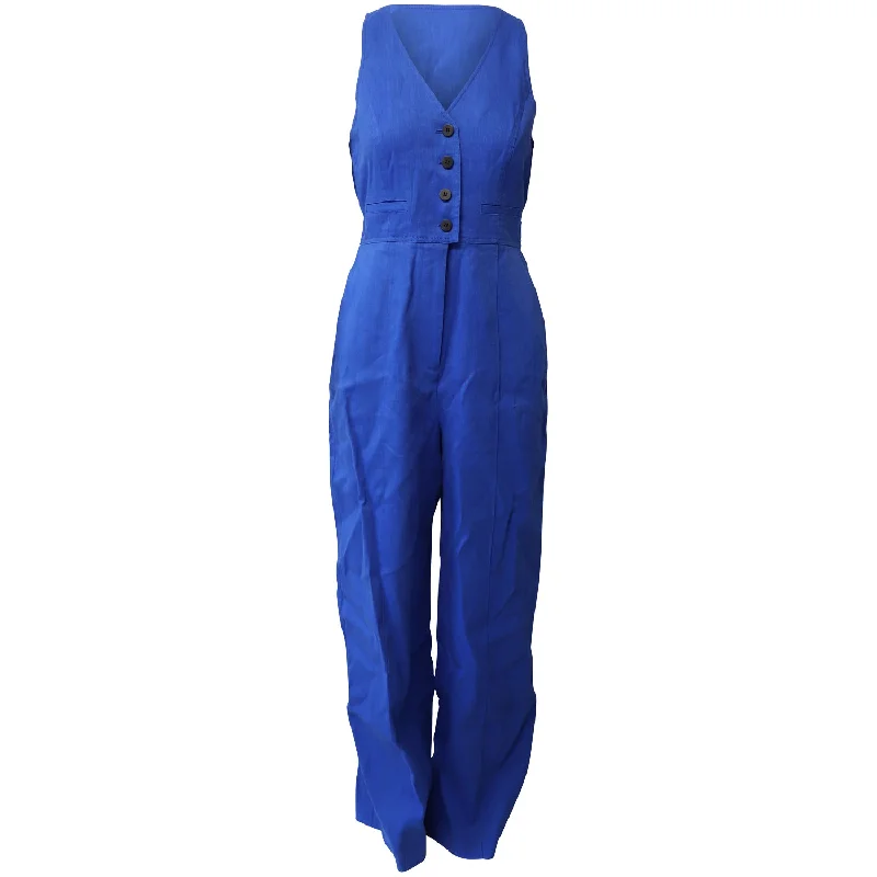 Women's Evening Apparel Diane Von Furstenberg Button Up Fitted Jumpsuit in Blue Linen Women's Evening Apparel Diane Von Furstenberg Button Up Fitted Jumpsuit in Blue Linen