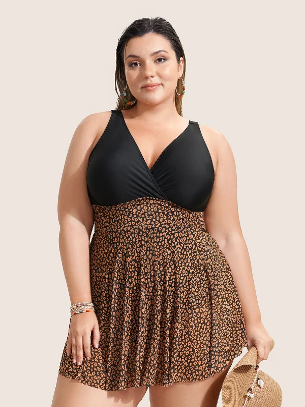 Women's Elegant Evening Attire V Neck Leopard Print Patchwork Swim Dress