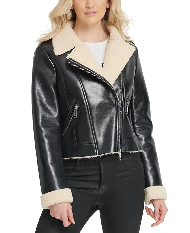 Discount Price Faux Shearling Motorcycle Jacket In Black