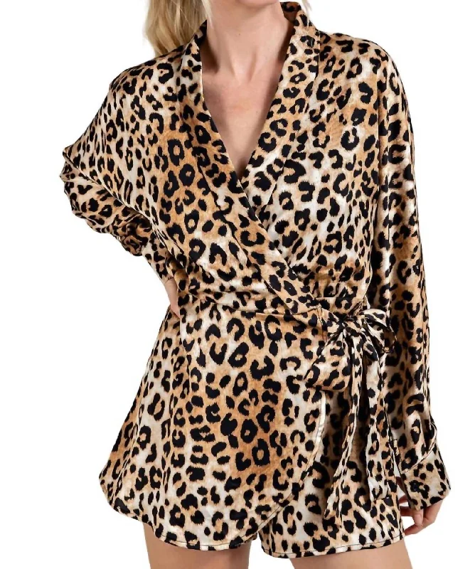 Women's Seasonal Wardrobe Clothing Long Sleeve Wrap Romper In Leopard Print Satin