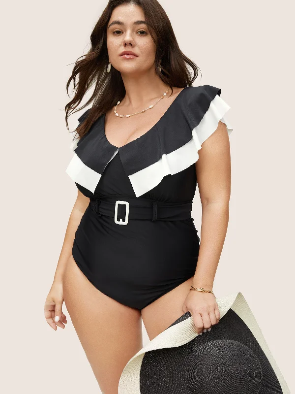 Women's Travel Attire Layered Ruffle Trim Belted One Piece Swimsuit