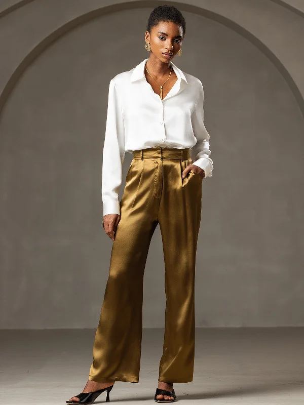 Trendy Women's Fashion 19Momme Fashionable Classic Silk Suit Wide-Leg Pants