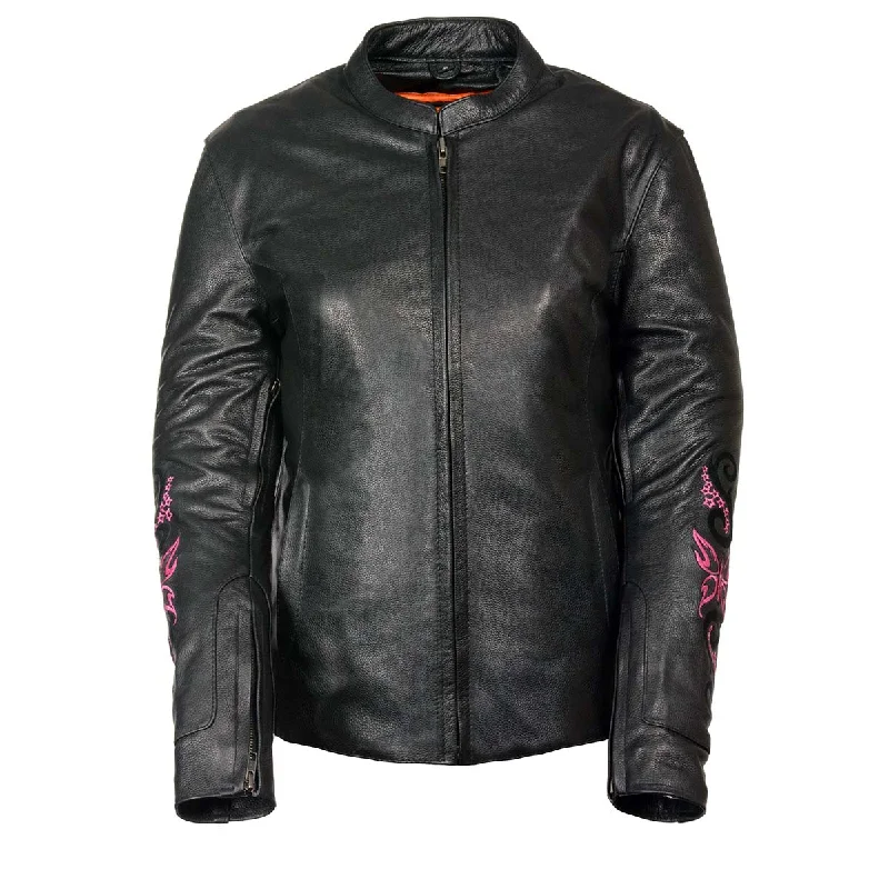 Women's Functional Apparel For Outdoor Activities Milwaukee Leather ML2071 Ladies Black Leather Jacket with Fuchsia Butterfly Design Women's Functional Apparel For Outdoor Activities Milwaukee Leather ML2071 Ladies Black Leather Jacket with Fuchsia Butterfly Design