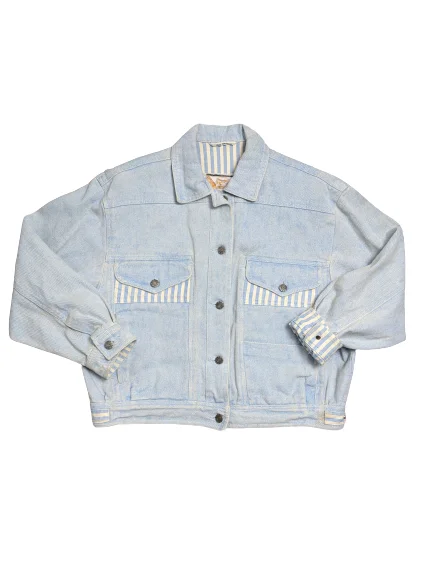 Feminine Dresses for Women in Bold Prints [M] 1980s Unisex Light Blue Boxy Denim Jacket