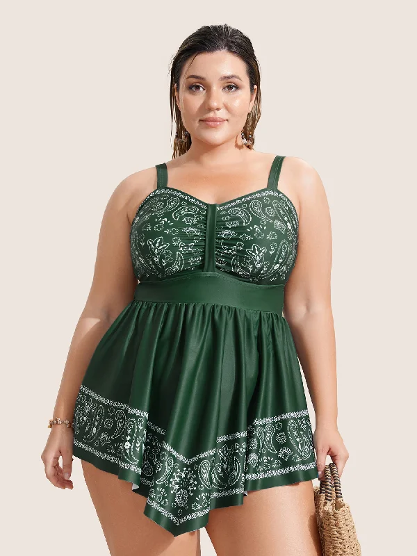 Women's Clothing Boutique Paisley Print Ruched Adjustable Straps Swim Dress