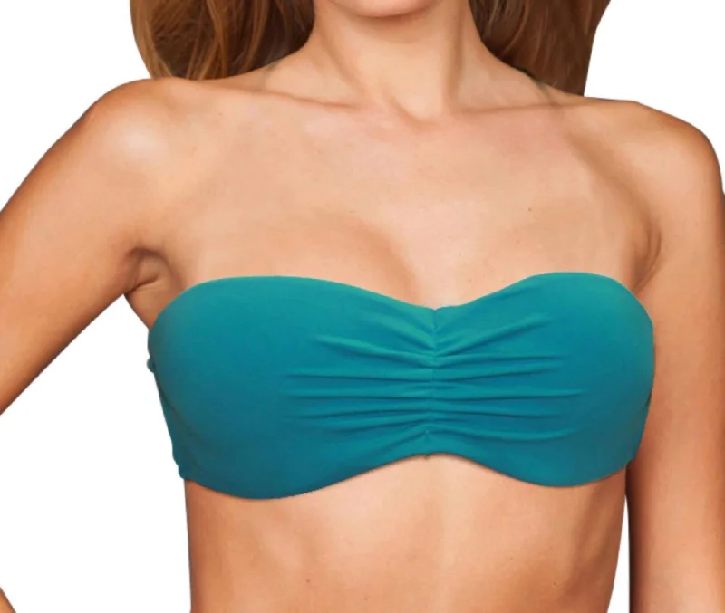 Women's Comfortable Lounge Outfit Center Ruched Bandeau Bikini Top In Peacock