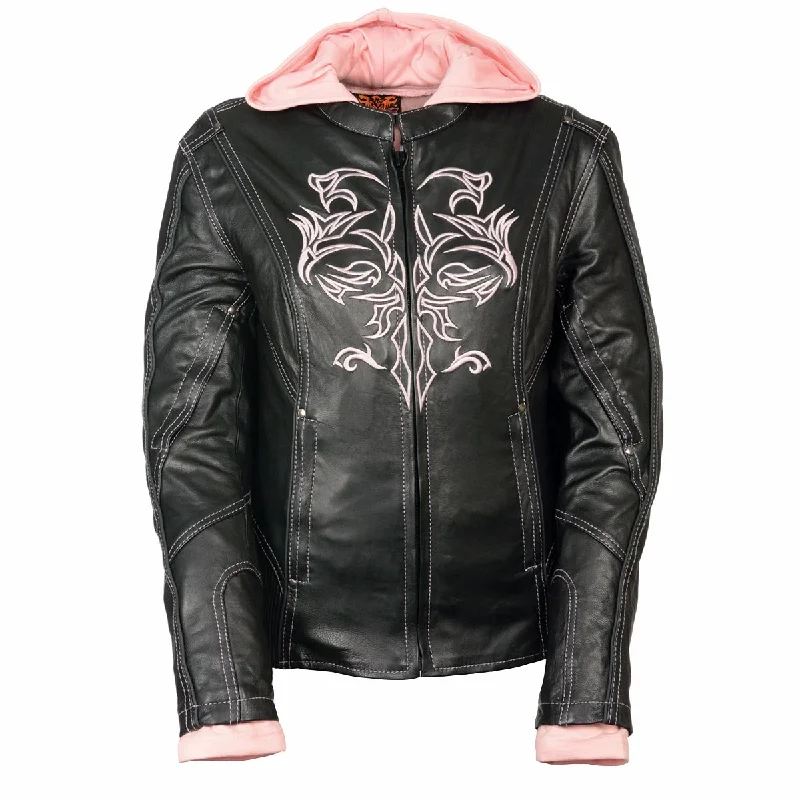 Outfits For Girls Milwaukee Leather ML2066 Women's 3/4 Black and Pink Leather Hoodie Jacket with Reflective Tribal Design Outfits For Girls Milwaukee Leather ML2066 Women's 3/4 Black and Pink Leather Hoodie Jacket with Reflective Tribal Design