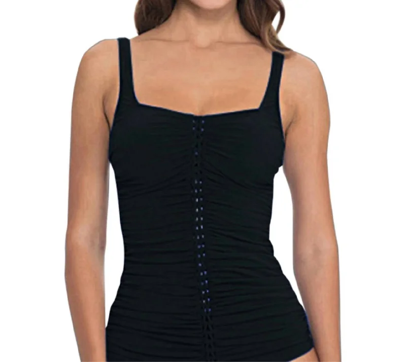 Women's Clothing For Work Shirred Tankini Top In Waterfall Black