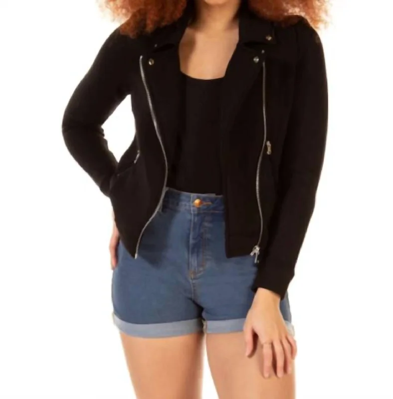 Women's Romantic Outfit Stretch Knit Moto Jacket In Black