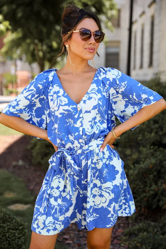 Timeless Women's Outfit Charming Pose Royal Blue Floral Linen Romper