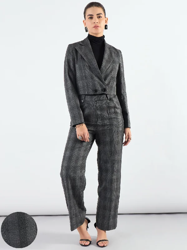 Women's Transitional Outfit Stylish Grey Notched Lapel Checkered Warm Crop Blazer With Trouser