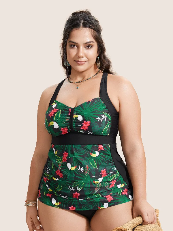 Women's Everyday Garments Tropical Print Patchwork Gathered Swim Top