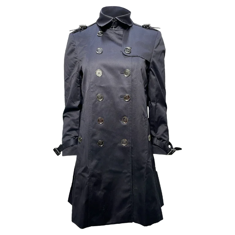 Best Online Women's Boutiques Burberry Double-Breasted Coat in Navy Blue Cotton