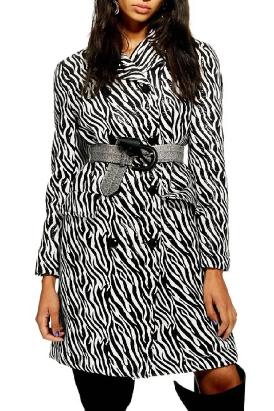 Women's Professional Attire Zebra Print Double Breasted Shimmer Coat In Black/white