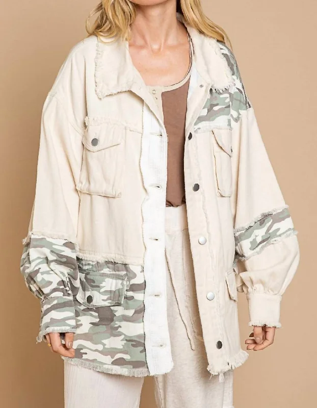 Shop Ladies Clothes Cheyenne Paneled Jacket In Camo/oatmilk