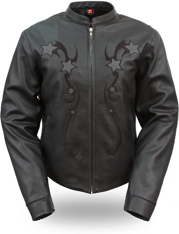 Chic Women's Clothing First Manufacturing FIL180CSZ Women's Black Sporty Scooter Leather Jacket with Reflective Stars Chic Women's Clothing First Manufacturing FIL180CSZ Women's Black Sporty Scooter Leather Jacket with Reflective Stars