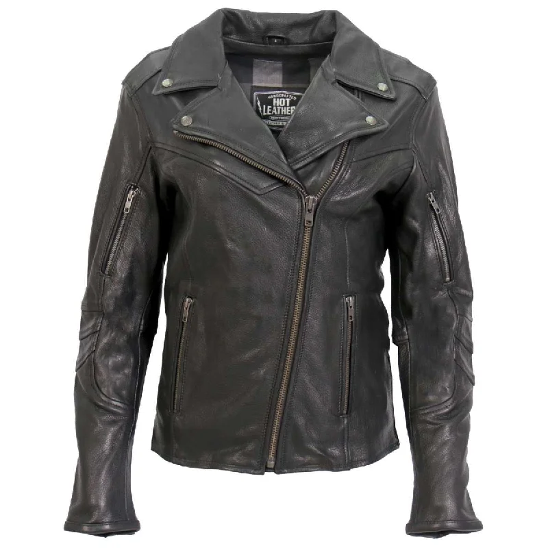 Sustainable Fashion Clothing For Women Hot Leathers JKL1034 Ladies Black Leather MC Jacket with Plaid Flannel Lining Sustainable Fashion Clothing For Women Hot Leathers JKL1034 Ladies Black Leather MC Jacket with Plaid Flannel Lining