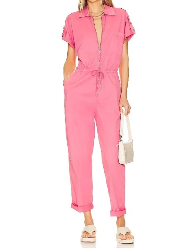 Women's Activewear Attire Jordan Short Sleeve Zip Front Jumpsuit In Pink Punch