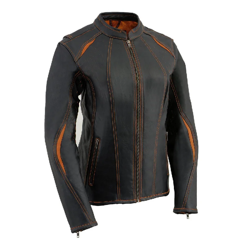 Clothing Sale Milwaukee Leather MLL2502 Women's 'Laser Cut' Distressed Black and Orange Scuba Style Racer Jacket Clothing Sale Milwaukee Leather MLL2502 Women's 'Laser Cut' Distressed Black and Orange Scuba Style Racer Jacket