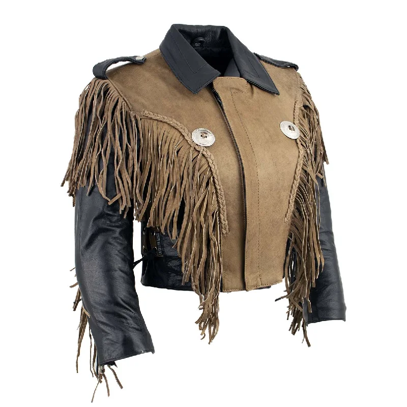 High-End Women's Apparel Leather King SH2015 Ladies ‘Fringed’ Cropped Two Tone Jacket with Braiding Detail High-End Women's Apparel Leather King SH2015 Ladies ‘Fringed’ Cropped Two Tone Jacket with Braiding Detail
