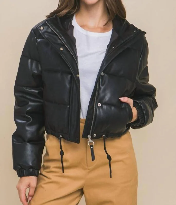 Chic Women's Outfit Faux Leather Puffer Jacket In Black