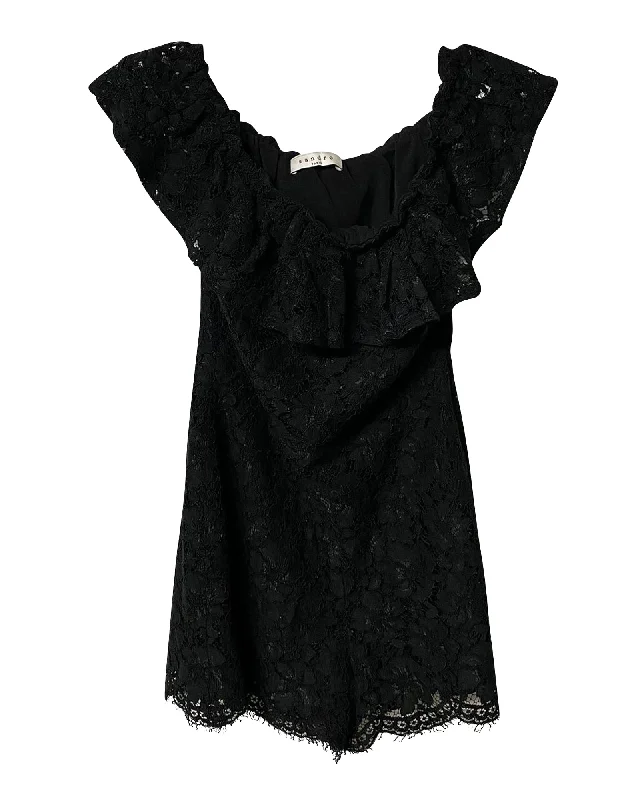 Luxury Women's Clothing Sandro Off-shoulder Romper in Black Polyester