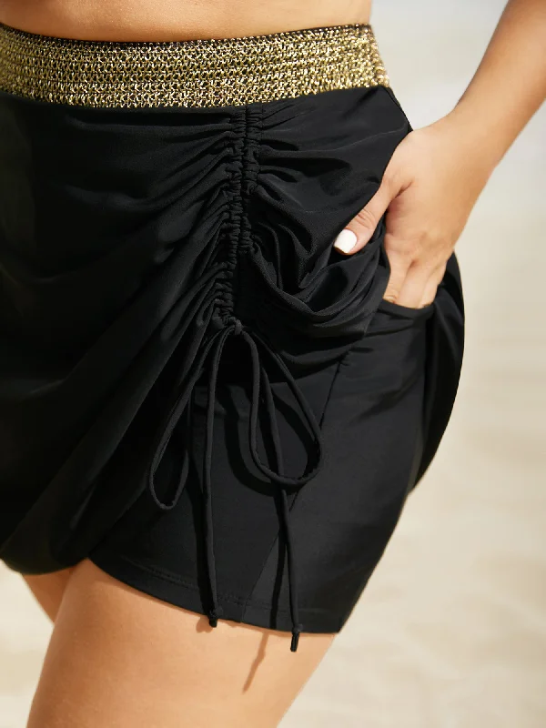 Latest Fashion for Women Contrast Webbing Patchwork Drawstring Gathered Swim Bottom