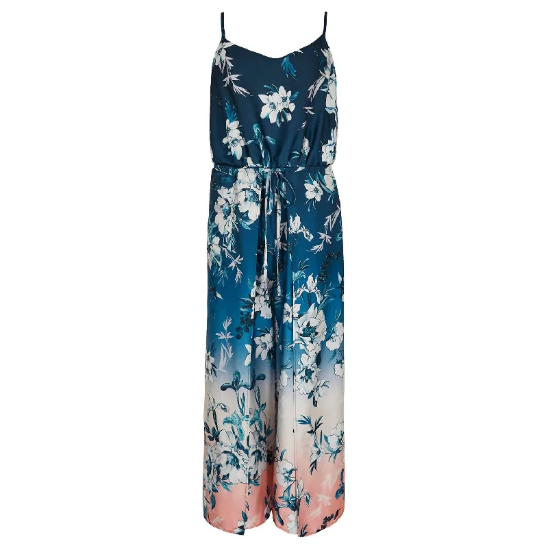 Vintage-Inspired Garments Ombre Floral Split Leg Jumpsuit In Navy