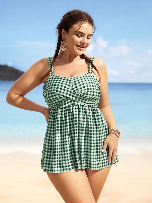 Comfortable Women's Attire Gingham Twist Front Adjustable Straps Swim Top