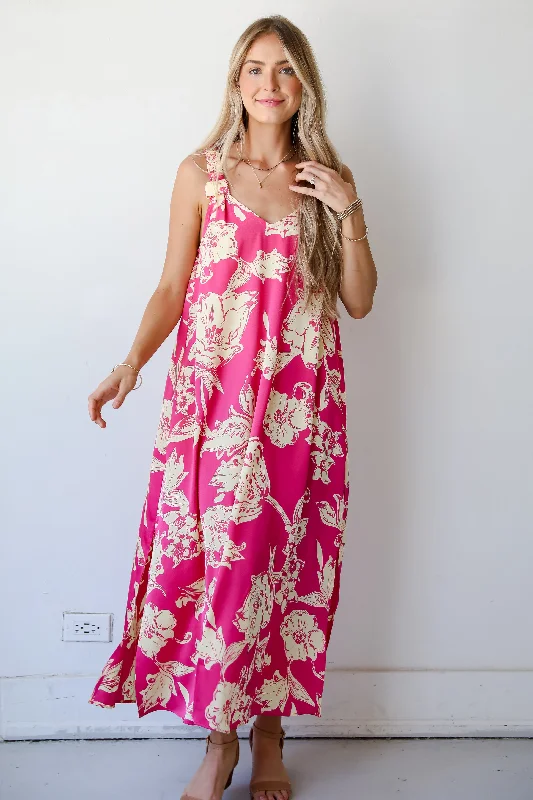 Women's Relaxed Outfit FINAL SALE - Charming Suggestion Fuchsia Floral Maxi Dress