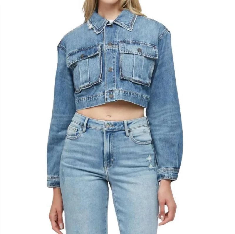 Comfortable Women's Apparel Cropped Cargo Jacket In Medium Blue