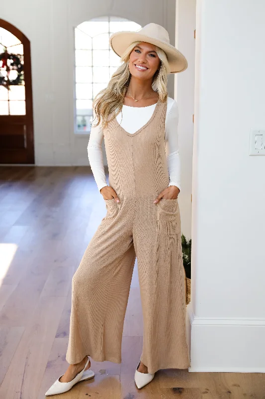 Modern Women's Attire Seriously Chill Taupe Ribbed Knit Jumpsuit