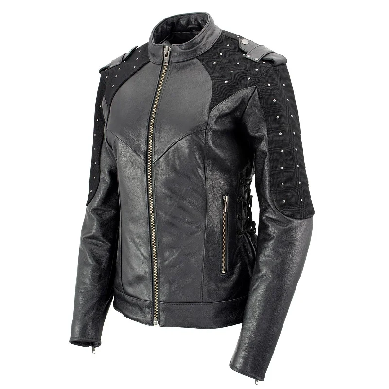 Fashionable Women's Casual Apparel Xelement Women's Scuba Black Leather Motorcycle Biker Jacket with Reflective Wings and Studs XS22001