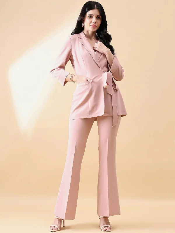 Women's Outerwear Attire Tie Stretch Pant Suit - Pink